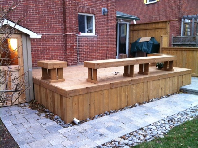 Deck with benches and Interlocking stone walkway